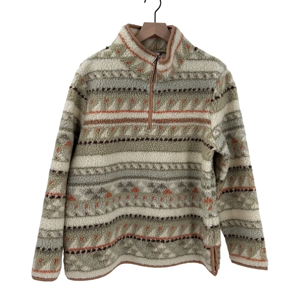 LL Bean Signature Sherpa Fleece Quarter Zip Pullover Southwestern‎ Pattern Large